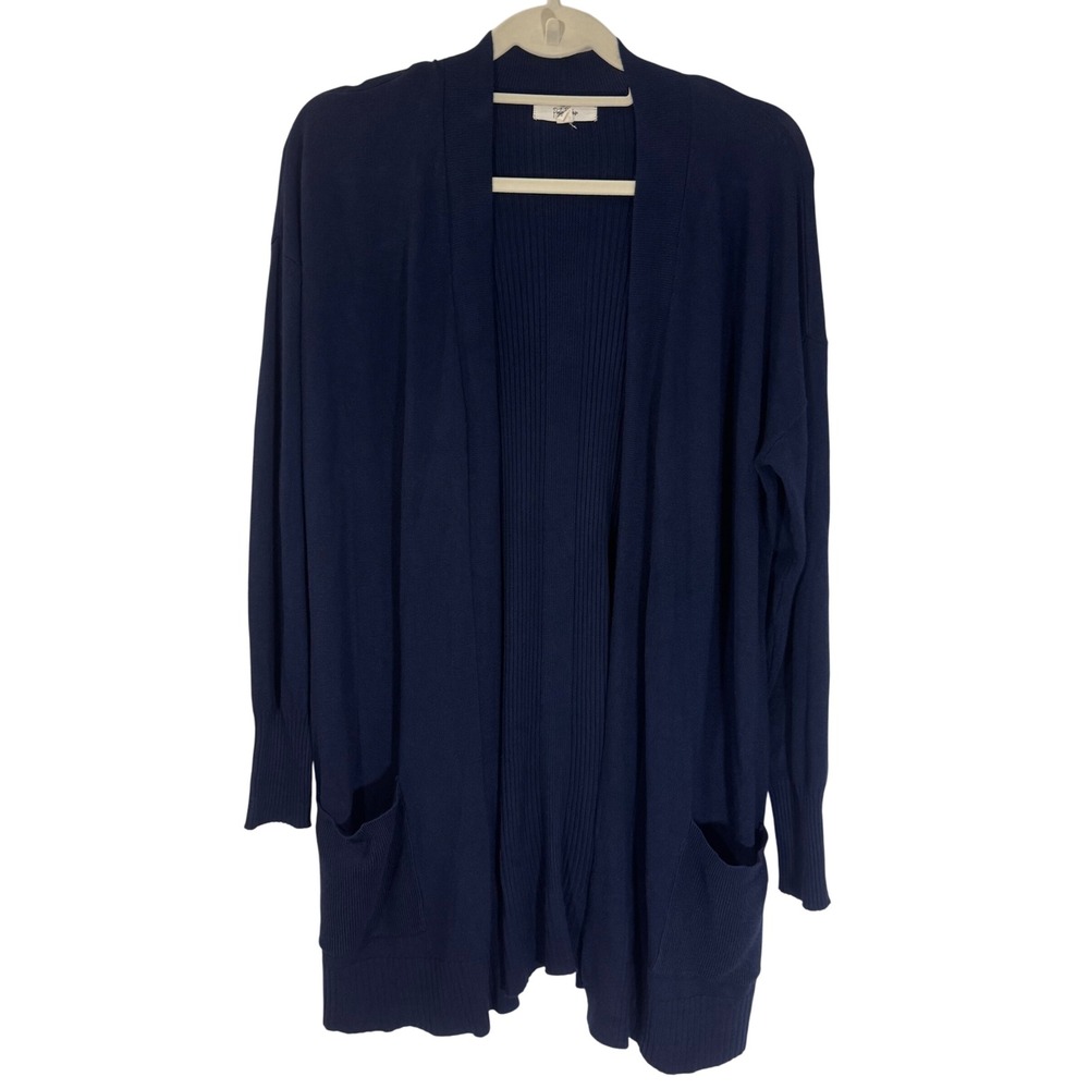 Peyton Primrose Cardigan Sweater Womens Size L Open Front Ribbed Knit Navy‎ Blue